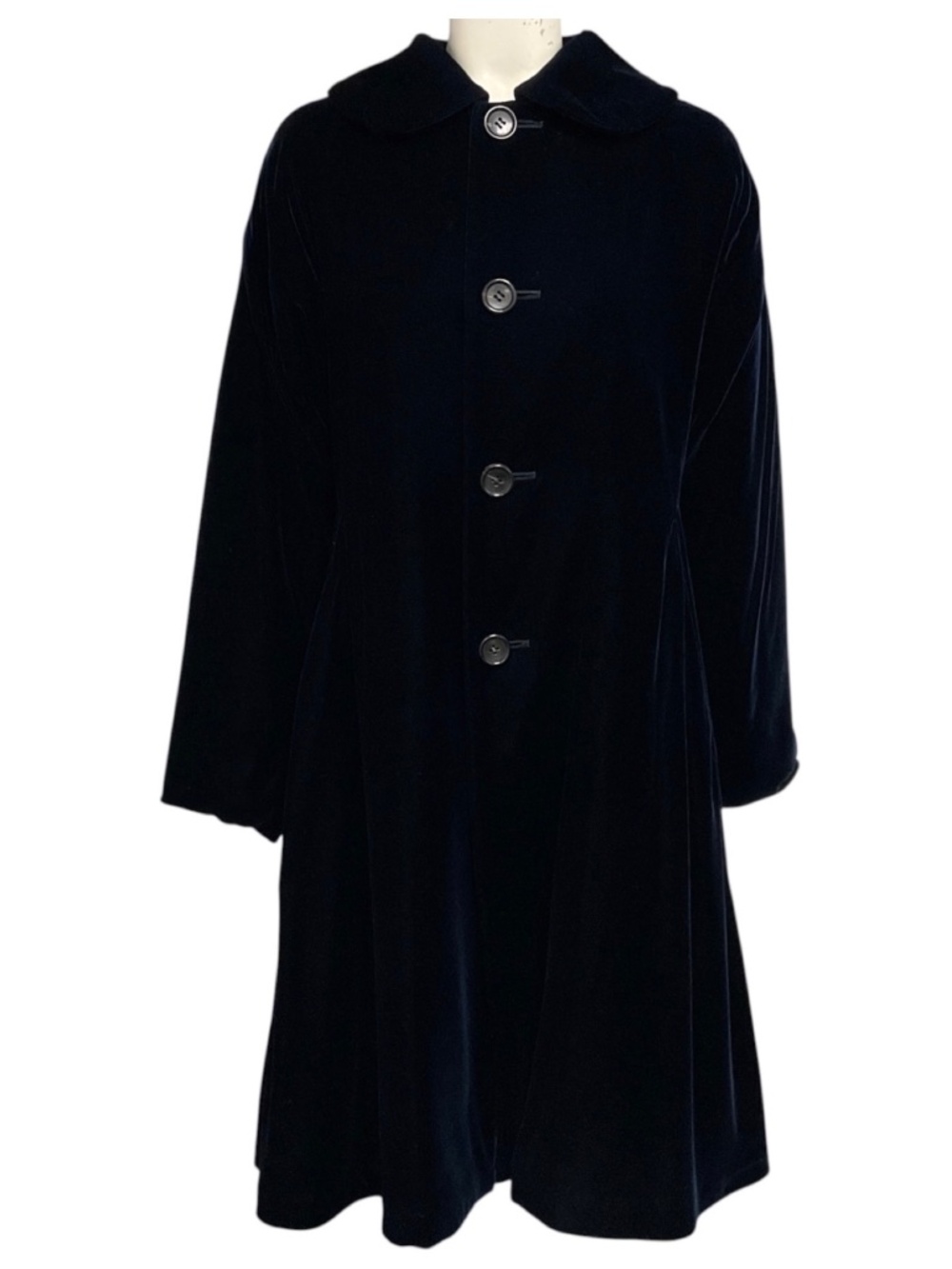 COMME DES GARCONS NAVY BLUE BUTTON FRONT MID-LENGTH VELVET COAT